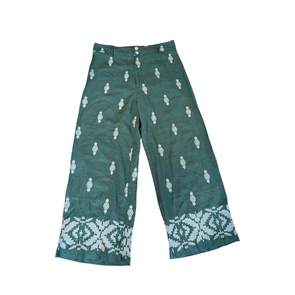 Zara Wide Leg Pants Green Embroidered Linen Blend Women's Size M Embroidered